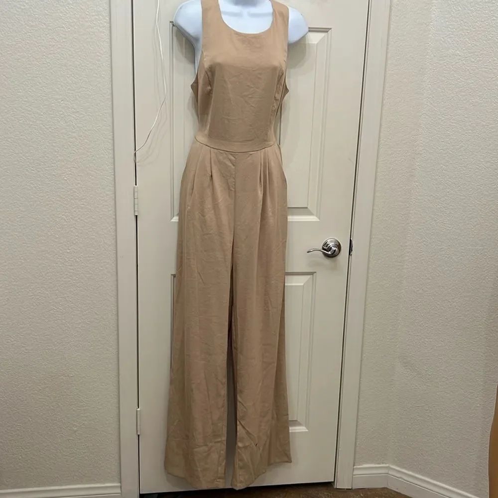 Nasty Gal Khaki Beige Pants Romper Scoop Neck Sleeveless Wide Leg Cut Out Back